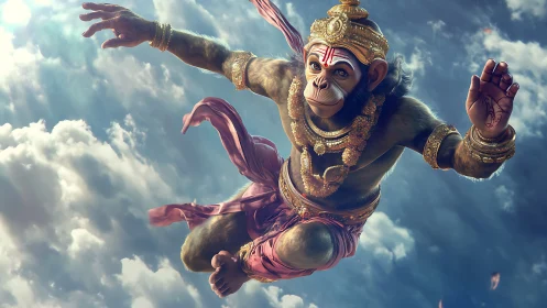 Joyful monkey hero soars through glowing, storybook skies.