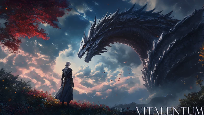 Solitary warrior confronting colossal twilight sky dragon