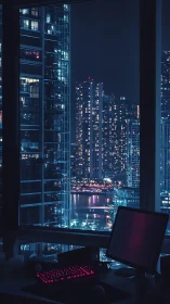 Nocturnal coder’s desk overlooking neon blue harbor skyline.