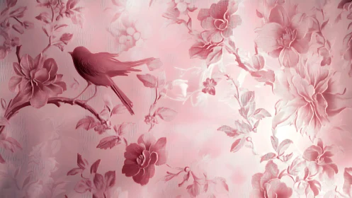 Monochrome songbird rests amid ornate rose floral branches