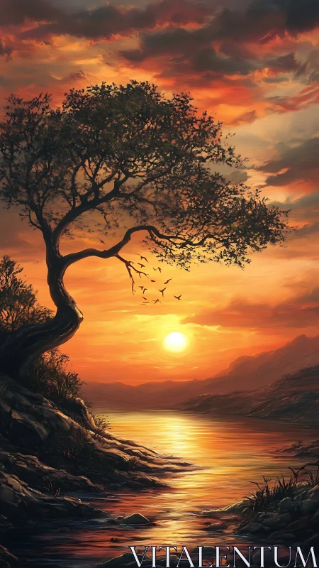 Sunset over river with silhouetted tree and distant hills.