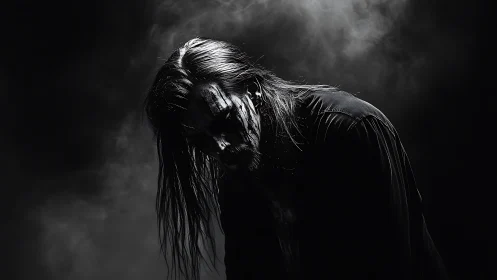Dark metal figure leans in smoky high-contrast monochrome portrait.