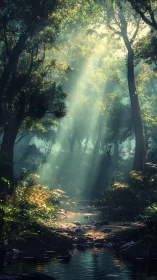 Misty Forest Stream with Canopy Illumination