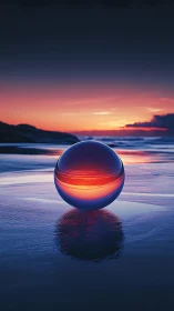 Glowing glass sphere on reflective shoreline at sunset.