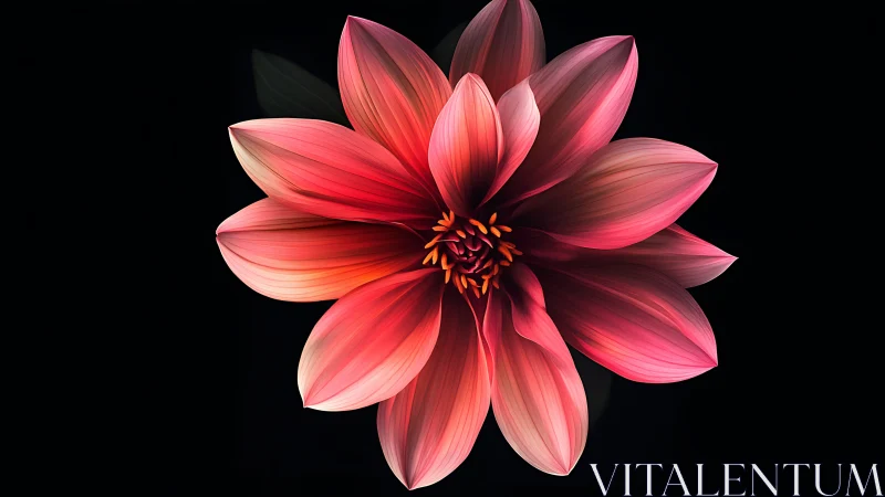 Dahlia flower with layered petals, orange center on black background