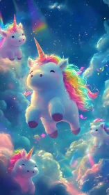 Chubby rainbow-maned unicorns floating in glowing clouds.