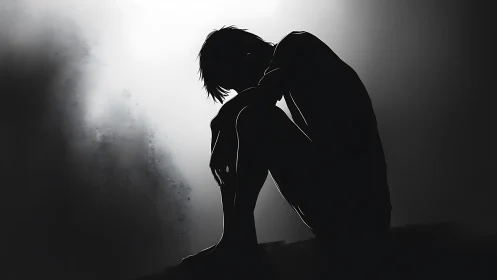 Silhouetted seated figure in high contrast monochrome light.