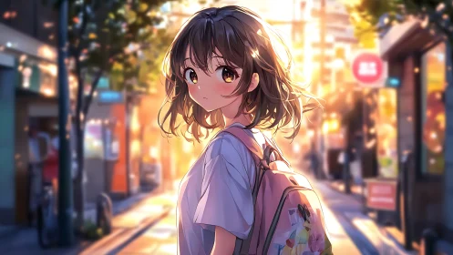 Backlit anime girl in urban alleyway with volumetric sunset glow.