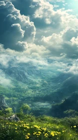 Sunlit alpine valley under towering stormlit clouds.