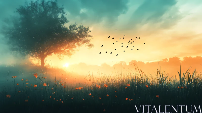 Dawn mist cradles wildflowers while birds script the sky