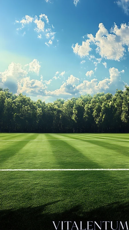 Sunlit football field stretches beneath bright summer sky.