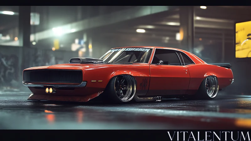 Lowered muscle car rendered in cinematic 3D lighting within garage