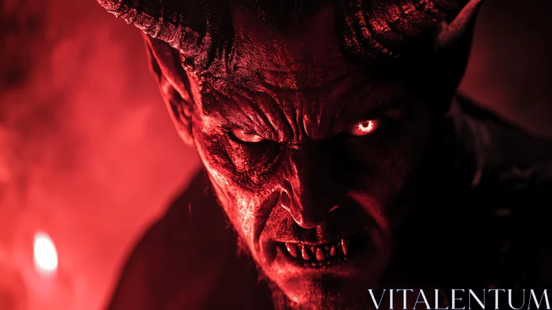 Demonic horned figure in red light with glowing eyes.