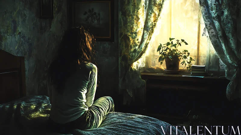 Woman sits on bed facing bright window with plant pot
