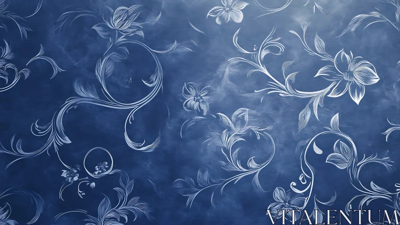 Blue floral wallpaper pattern with white swirling vines.