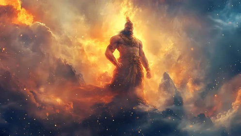 Mythic fire god emerges from stormlit cosmic clouds