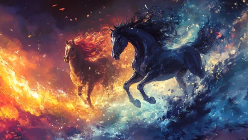 Elemental steeds race through fire and oceanic twilight.