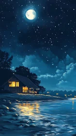 Moonlit lakeside cabin wrapped in quiet night magic.