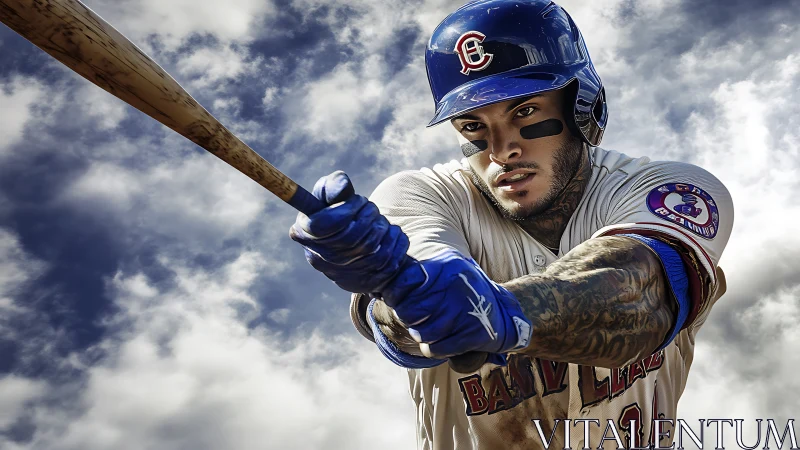 Powerful baseball swing framed against restless sky.