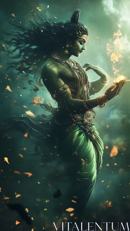 Storm-crowned mystic dances with ember-bright cosmic fire