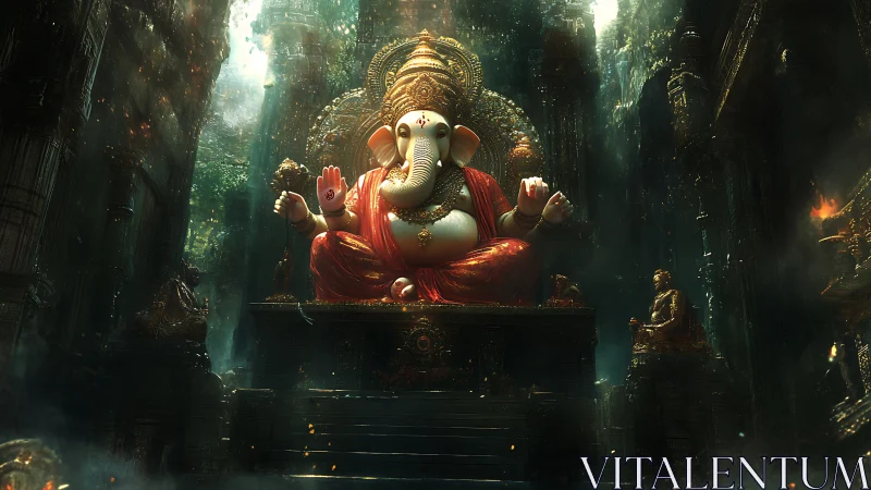 Divine elephant deity throne under luminous jungle vault