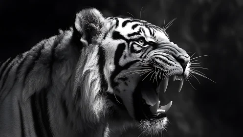 Roaring white tiger in dramatic monochrome close-up portrait.