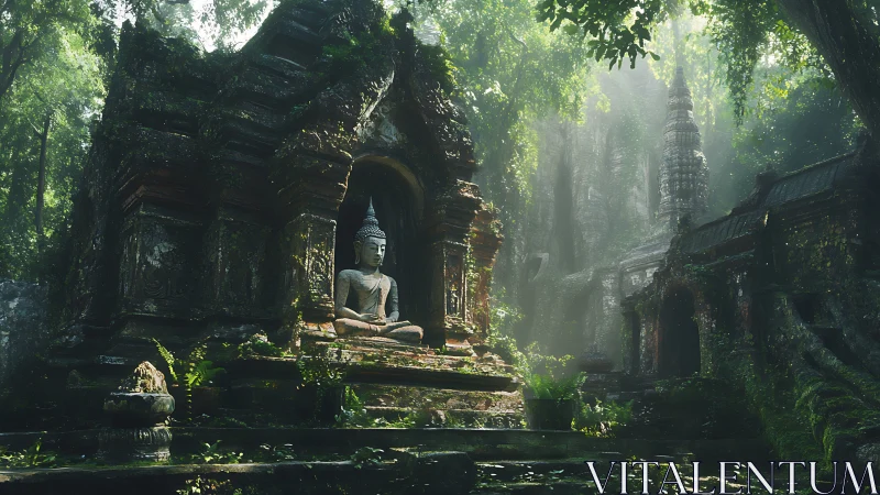 Sunlit stone Buddha amid overgrown jungle shrine complex.