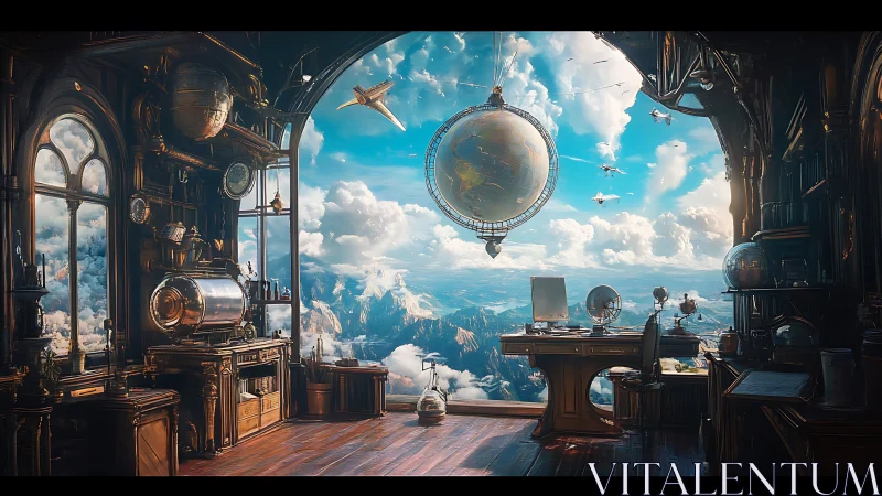 Skybound cartographer charts worlds from a floating study