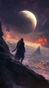 Hooded wanderer overlooks alien city under massive planet.