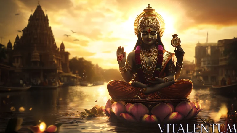 Radiant river deity on lotus at sunset over temple ghats.