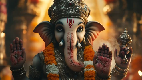 Ornate Ganesha idol glowing in incense-lit temple hush.