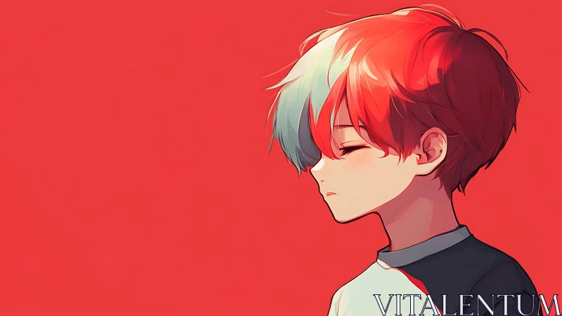Side-profile anime portrait of boy with red white hair on red