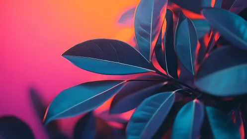 Blue-toned foliage against gradient orange pink backdrop.