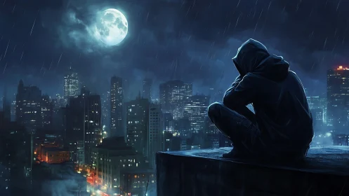 Hooded loner on rainy rooftop above neon lit cityscape.