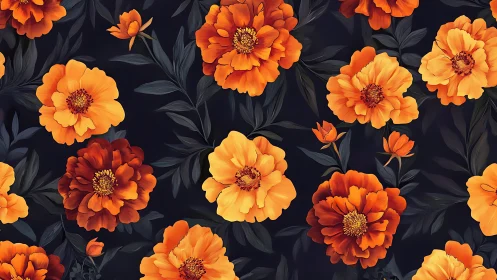 Marigold floral pattern with saturated orange blooms on navy.