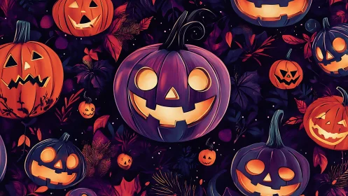 Jack-o-lantern pumpkins form seamless Halloween pattern