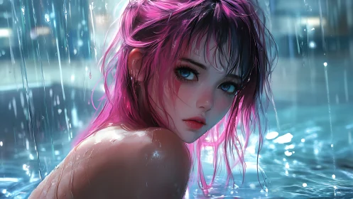 Rain-soaked anime portrait uses specular highlights and bokeh depth