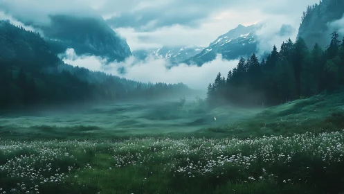 Misty alpine meadow valley with conifer forest and snow peaks