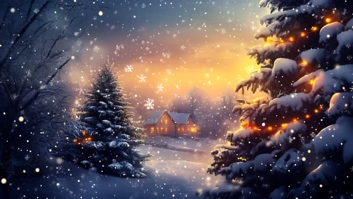 Snow-covered evergreen trees and house at winter dusk.