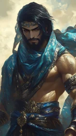 Regal desert warrior gazes ahead in shimmering blue silk