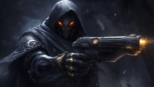Hooded futuristic assassin aims glowing pistol in darkness
