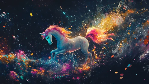 Starlit unicorn gallops through prismatic cosmic stardust.