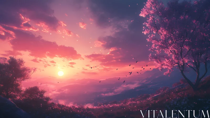 Vibrant cherry blossom sunset over misty valley vista.