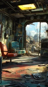 Sunlit post apocalyptic lounge opens onto devastated wasteland