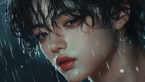 Digital portrait of wet-haired youth in rainfall close-up view.