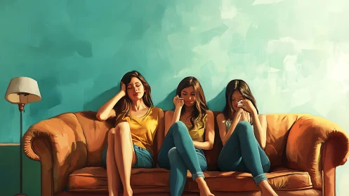 Three Women Sitting on Couch in Emotional, Artistic Style.