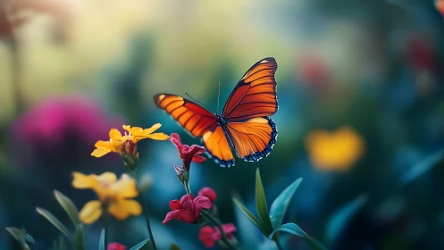 Gentle orange butterfly drifting through a dreamy garden.