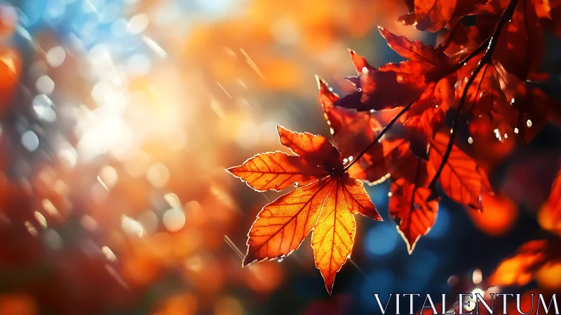 Sunlit autumn leaves glow in warm bokeh-soaked forest light
