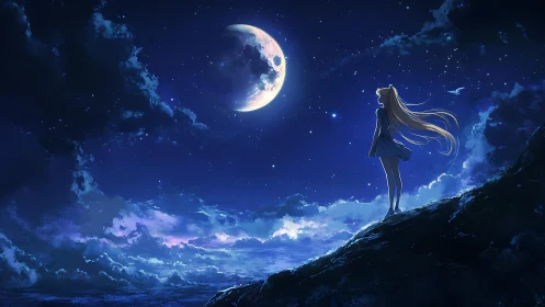 Solitary anime girl studies luminous crescent moonlit sky