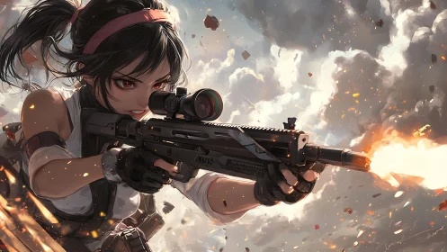 Ballistic anime markswoman in mid-recoil muzzle flash burst.